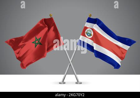 3D illustration of Two Wavy Crossed Flags of Morocco and Costa Rica, Sign of Moroccan and Costa Rican Relationships Stock Photo