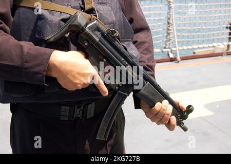 Kanagawa Prefecture, Japan - April 14, 2007: Indian Navy Heckler & Koch MP-5A3 submachine gun. Stock Photo