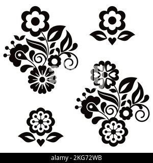 Mexican folk art style vector pattern set with flowers leaves and heart, black and white greeting card on invitation design elements inspired by tradi Stock Vector