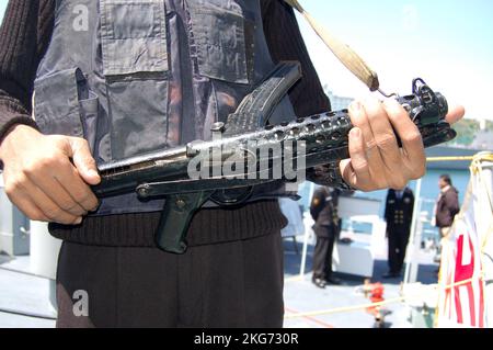 Kanagawa Prefecture, Japan - April 14, 2007: Indian Navy Sterling Armament Sterling submachine gun. Stock Photo