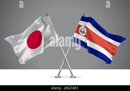 3D illustration of Two Wavy Crossed Flags of Japan and Costa Rica, Sign of Japanese and Costa Rican Relationships Stock Photo