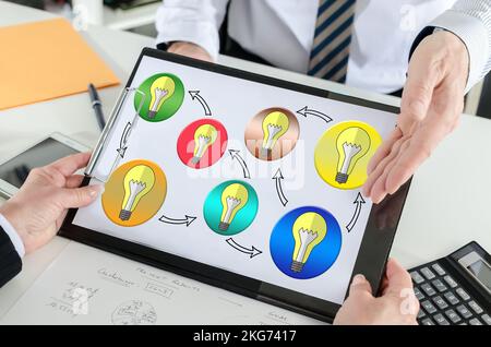 Ideas sharing concept shown by a businessman Stock Photo