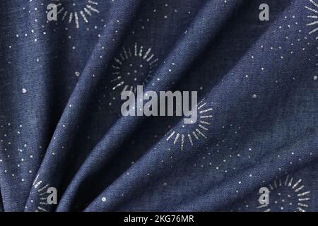 Dark blue jeans fabric with white geometric print with dots Stock Photo