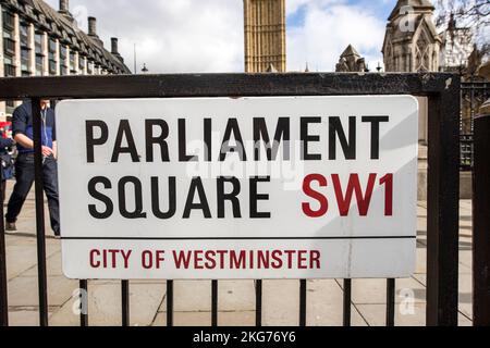 Parliament Square sign, Westminster, London, England, UK Stock Photo