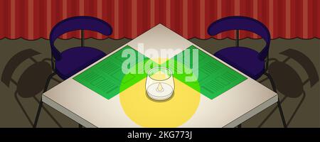Dining table and chairs for two people. Burning candle and menu. Vector colorful illustration in flat style. Interior of cafe, restaurant or bar. Stock Vector