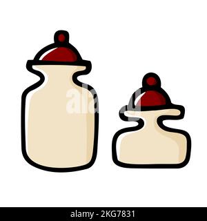 Doodle jars for spices. Color container with lid on white background. Hand-drawn cozy kitchen utensils, dishes for food, cooking. Cafe, organization o Stock Vector