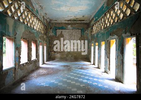 Lost Place in Eleousa. Derelict sanatorium. Historic Italian settlement. Detailed view of a former old cinema. Rhodes island, Greece. Stock Photo
