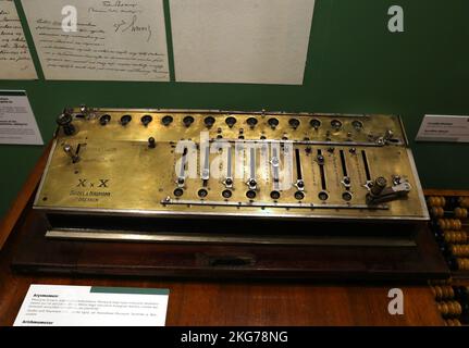Cracow. Krakow. Poland. Old mechanical arithmometer, kind of ancient calculator. made by Seidel und Naumann A. G. about 1920 Stock Photo
