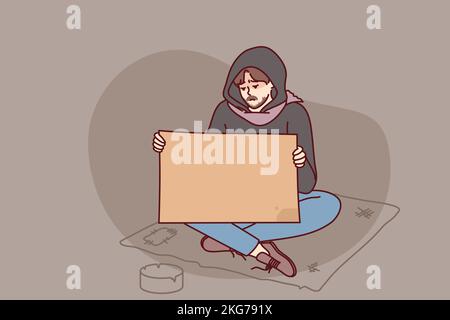 Poor man begging on street holding mockup board or paper. Unhappy male beggar suffer from poverty with placard in hands. Vector illustration.  Stock Vector