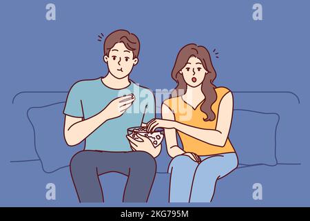 Couple watching movie eating popcorn at home. Young man and woman relax together enjoying film on weekend. Vector illustration.  Stock Vector