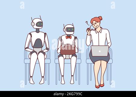 Confused woman sit on chair in line with robots waiting for interview. Frustrated female employee near robotic assistants in office. AI at workplace. Vector illustration.  Stock Vector