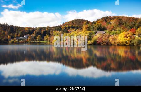 Nice autumn forest reflection in water, Banska Stiavnica Stock Photo