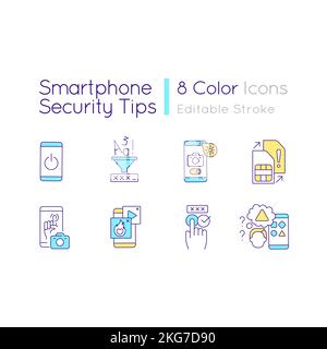 Smartphone security tips RGB color icons set Stock Vector
