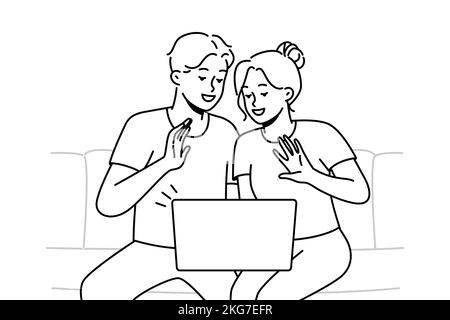 Smiling couple sit on sofa wave talk on video call on computer. Happy man and women have fun enjoy webcam conversation on laptop. Vector illustration.  Stock Vector