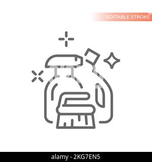 Cleaning supplies and products line vector icon. Spray bottle, brush, clean outlined symbol. Stock Vector
