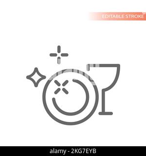 Shiny and clean dishes line vector icon. Plate and glass cleaning, dish washing outlined symbol. Stock Vector