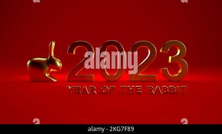 Happy Chinese New Year 2023 3d text, year of the rabbit concept isolated on red background. Stock Photo