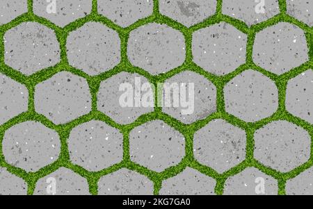 Seamless pattern of old pavement with moss and with hexagon textured bricks. Vector pathway texture top view. Outdoor slab sidewalk. Cobblestone footp Stock Vector