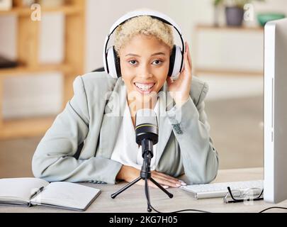 Business woman, portrait smile and podcast with headphones and microphone for recording in the studio. Happy female smiling ready for audio streaming Stock Photo