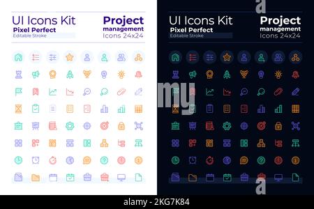 Project management pixel perfect ui icons set for dark, light mode Stock Vector