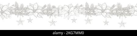 Lovely hand drawn horizontal seamless pattern, winter greenery, christmas branches, cones and poinsettia - vector surface design Stock Vector