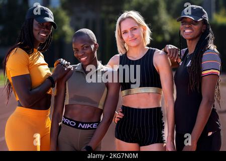 Athlete Anne Zagre, Athlete Cynthia Mbongo Bolingo, Athlete Hanne Claes and Athletics coach Carole Bam pose for the photographer a training camp organized by the BOIC-COIB Belgian Olympic Committee in Belek Turkey, Tuesday 22 November 2022. The stage takes place from 12 to 27 November. BELGA PHOTO LAURIE DIEFFEMBACQ Stock Photo