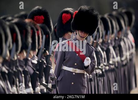 Members of the Number 7 Company of the Coldstream Guards on parade for President Cyril Ramaphosa of South Africa's State Visit to the UK at Horse Guards Parade in London. Picture date: Tuesday November 22, 2022. Stock Photo