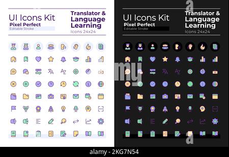 Translator pixel perfect RGB color ui icons set for dark, light mode Stock Vector