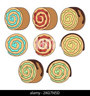 Set of color illustrations with cake roll. Isolated vector objects on a white background. Stock Vector