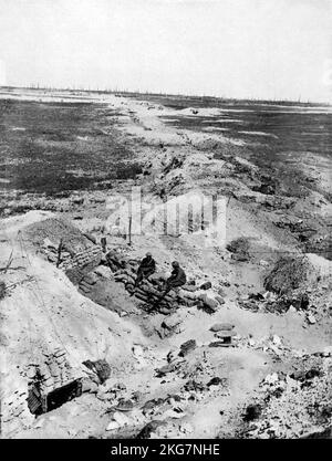 A vintage photo circa September 1918 after the Second Battle of the Somme of 1918 showing British soldiers in the remains of the German trench system destroyed by shell fire near Ovilliers on the Western Front Stock Photo