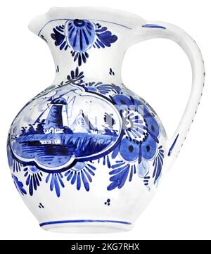 Ceramic jug painted in Dutch style isolated on white background Stock Photo