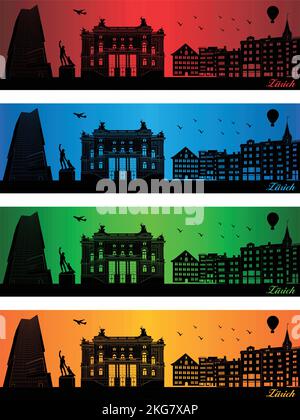 Zurich city in a four different colors - illustration,  Town in colors background,  City of Zurich Stock Vector