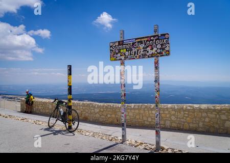 BEDOIN, FRANCE - AUGUST 7, 2022: Top of the Mont Ventoux. At 1,909 m (6,263 ft), it is the highest mountain in the region and has been nicknamed the ' Stock Photo