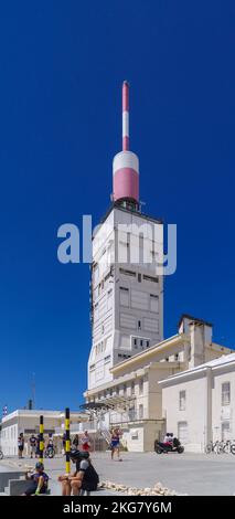 BEDOIN, FRANCE - AUGUST 7, 2022: Telecommunication tower on the top of the Mont Ventoux. It is the highest mountain of Provence region, located in Vau Stock Photo