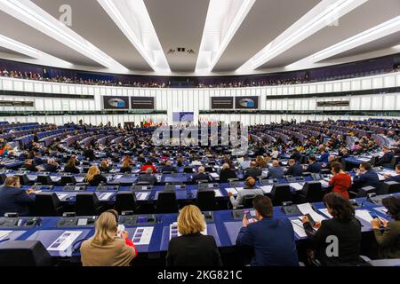 Strasbourg, France. 22nd Nov, 2022. 22 November 2022, France, Straßburg: Members and guests sit in the European Parliament building during the 70th anniversary celebrations. The European Parliament celebrates 70 years of living democracy with a ceremony. Photo: Philipp von Ditfurth/dpa Credit: dpa picture alliance/Alamy Live News Stock Photo