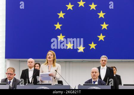 Strasbourg, France. 22nd Nov, 2022. 22 November 2022, France, Straßburg: Roberta Metsola (Partit Nazzjonalista), President of the European Parliament, speaks during the celebration of the 70th anniversary of the European Parliament. The European Parliament celebrates 70 years of living democracy with a ceremony. Photo: Philipp von Ditfurth/dpa Credit: dpa picture alliance/Alamy Live News Stock Photo