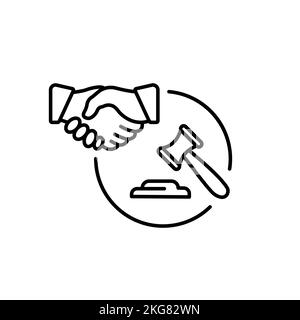 Icon of gavel and handshake. Gray with shadow and white background. Stock Vector