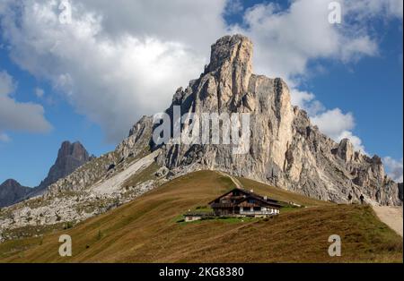 View of Giau Pass with Gusela mount in the Dolomites, Belluno province, Italy Stock Photo