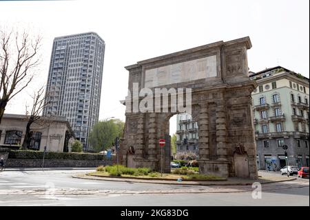 MILAN, ITALY, APRIL 7, 2022 - Porta Romana (Roman's Gate) monument and square, Milan, Italy Stock Photo