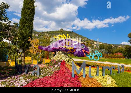 GENOA, ITALY, APRIL 28, 2022 - Flower arrangements at Euroflora 2022 in Genoa, international floriculture festival, in Genoa Nervi parks, Italy. Stock Photo