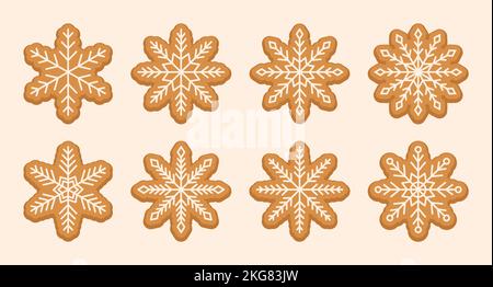 Simple gingerbread snowflake sweet cookies with sugar glazed. Christmas holiday food. Vector illustration Stock Vector