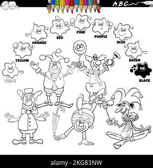 Black and white educational cartoon illustration of basic colors with clowns characters group coloring page Stock Vector