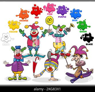 Educational cartoon illustration of basic colors with colorful clowns characters group Stock Vector
