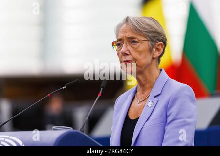 Strasbourg, France. 22nd Nov, 2022. 22 November 2022, France, Straßburg: Élisabeth Borne (LREM, TdP), Prime Minister of France, speaks during the celebration of the 70th anniversary of the European Parliament. The European Parliament celebrates 70 years of living democracy with a ceremony. Photo: Philipp von Ditfurth/dpa Credit: dpa picture alliance/Alamy Live News Stock Photo