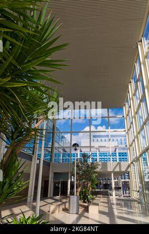 View from shopping centre to multi storey car park and La Tour Hotel at Milton Keynes, Buckinghamshire, UK in September Stock Photo