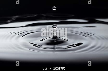 A grayscale shot of a water drop falling into the water making a perfect droplet splash. Stock Photo