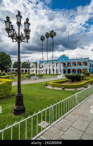 The town hall or municipal palace on the central plaza of Santa Maria del Tule in the Central Valley of Oaxaca, Mexico. Stock Photo