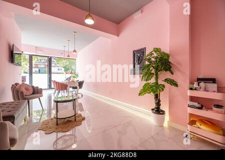A beauty salon business with shiny marble floors, deep pink walls, artificial decorative plants and vintage-chic furniture Stock Photo