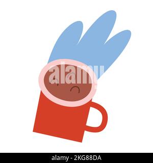 Hot coffee or tea in red metal enamel mug, isolated vector doodle illustration Stock Vector