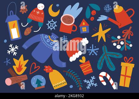 Christmas doodle illustrations, knit sweater, snowflakes, Nordic sweater and mistletoe, isolated vector illustrations Stock Vector